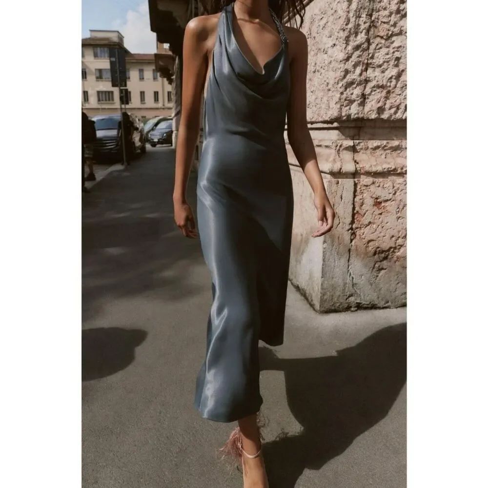 Zara Womens Asymmetrical Satin Midi Dress Medium Anthracite Gray 5029/208 NWT